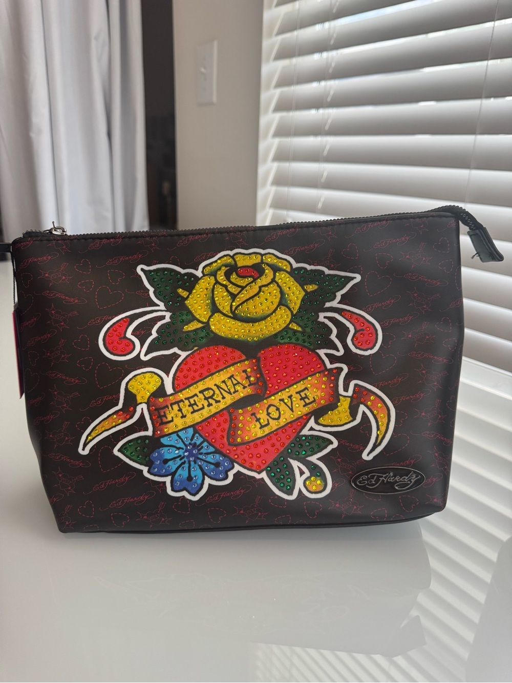 NWT Ed Hardy Black Makeup Travel Bag Studded Rose and Red Heart Graphic Y2K